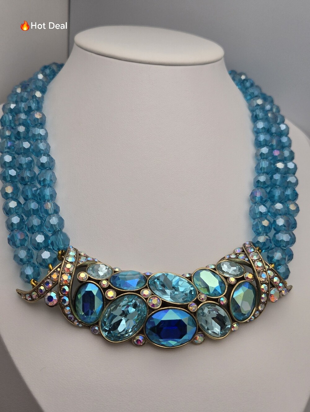 Heidi Daus Turquoise Lucite Blue Aurora Borealis Crystal Beaded  Necklace 19"